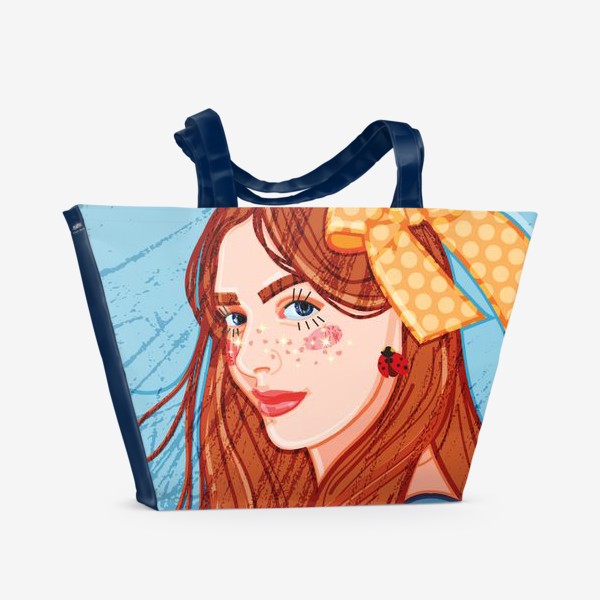 Пляжная сумка «Симпатичная девушка с длинными волосами с украшением в виде пышного банта в горошек»