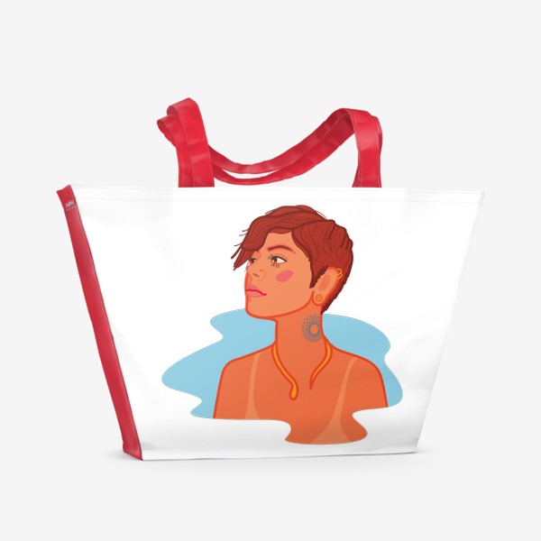 Пляжная сумка «Загорелая девушка с короткой стрижкой, с татуировкой на шее и пирсингом»