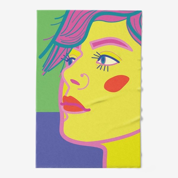 Полотенце «Яркий портрет крупным планом в стиле поп-арт, изображающий женское лицо с ярким макияжем и пирсингом в носу»