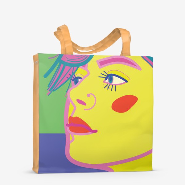 Сумка-шоппер «Яркий портрет крупным планом в стиле поп-арт, изображающий женское лицо с ярким макияжем и пирсингом в носу»