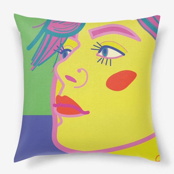 Подушка «Яркий портрет крупным планом в стиле поп-арт, изображающий женское лицо с ярким макияжем и пирсингом в носу»