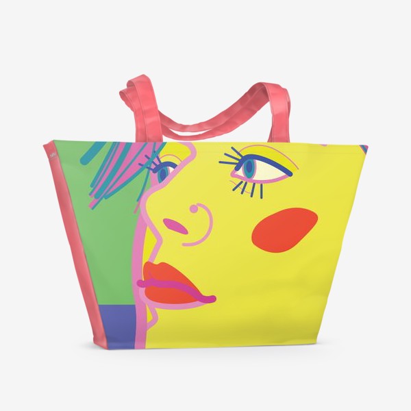 Пляжная сумка «Яркий портрет крупным планом в стиле поп-арт, изображающий женское лицо с ярким макияжем и пирсингом в носу»