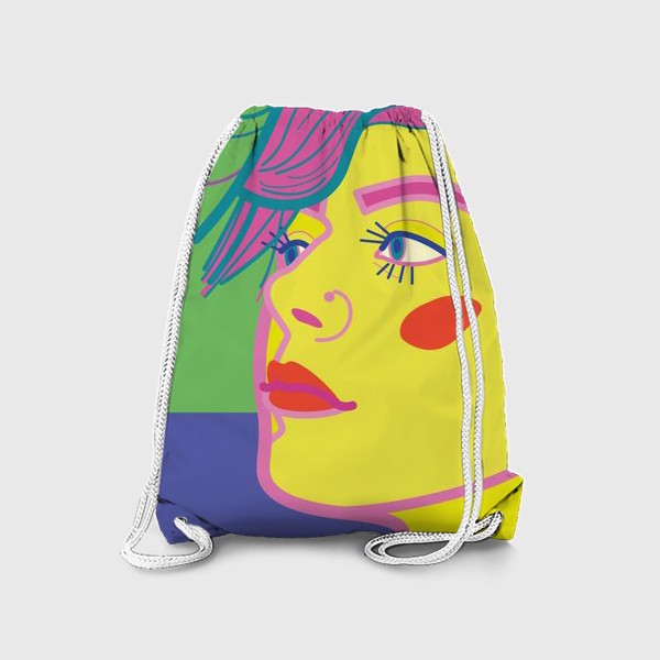 Рюкзак «Яркий портрет крупным планом в стиле поп-арт, изображающий женское лицо с ярким макияжем и пирсингом в носу»