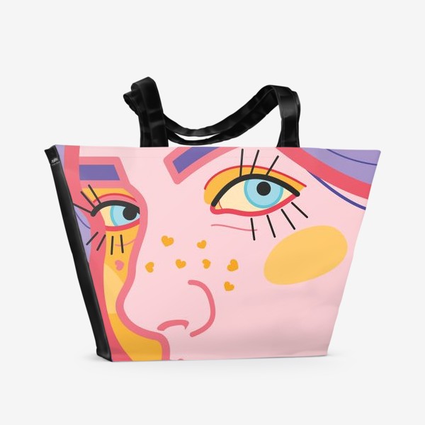 Пляжная сумка «Яркий женский портрет в стиле поп-арт. Лицо девушки с приятной улыбкой»
