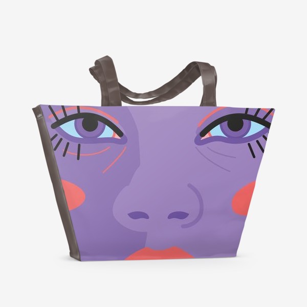 Пляжная сумка «Лицо девушки с фиолетовой кожей, ярко-лазурными бровями и пухлыми губами»
