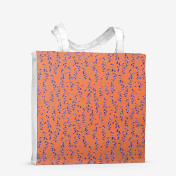 Сумка-шоппер «Маленькие фиолетовые полевые цветы на длинных зеленых стеблях на оранжевом фоне»