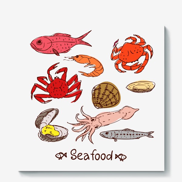 Холст «Морские гады: кальмар, рыба дорада, краб, устрицы, моллюски, креветка, гребешок, сайра, скумбрия. Еда.»