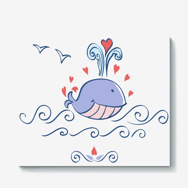 Холст «Веселый кит плывет по волнам и пускает фонтанчики»