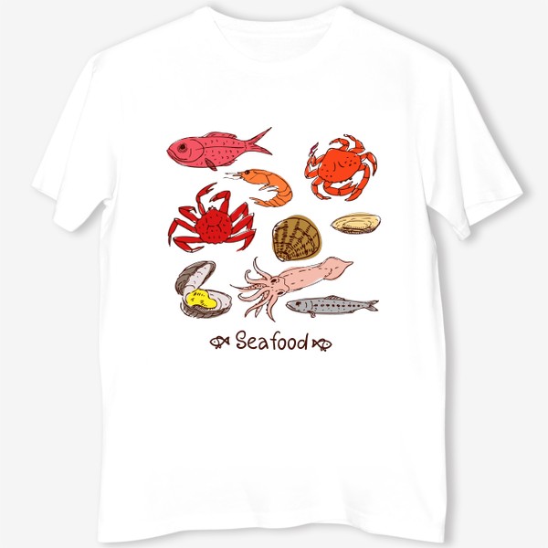 Футболка «Морские гады: кальмар, рыба дорада, краб, устрицы, моллюски, креветка, гребешок, сайра, скумбрия. Еда.»