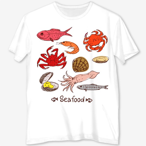 Футболка с полной запечаткой «Морские гады: кальмар, рыба дорада, краб, устрицы, моллюски, креветка, гребешок, сайра, скумбрия. Еда.»