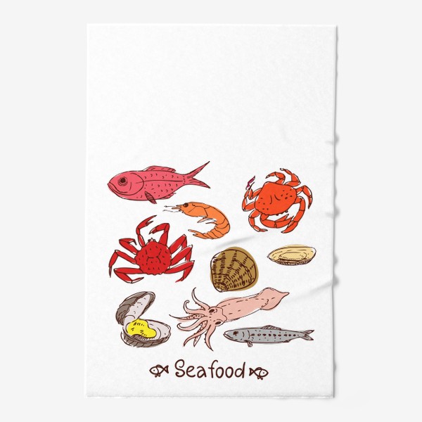 Полотенце «Морские гады: кальмар, рыба дорада, краб, устрицы, моллюски, креветка, гребешок, сайра, скумбрия. Еда.»
