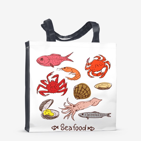 Сумка-шоппер «Морские гады: кальмар, рыба дорада, краб, устрицы, моллюски, креветка, гребешок, сайра, скумбрия. Еда.»