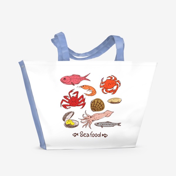 Пляжная сумка «Морские гады: кальмар, рыба дорада, краб, устрицы, моллюски, креветка, гребешок, сайра, скумбрия. Еда.»