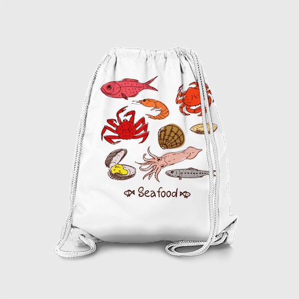 Рюкзак «Морские гады: кальмар, рыба дорада, краб, устрицы, моллюски, креветка, гребешок, сайра, скумбрия. Еда.»