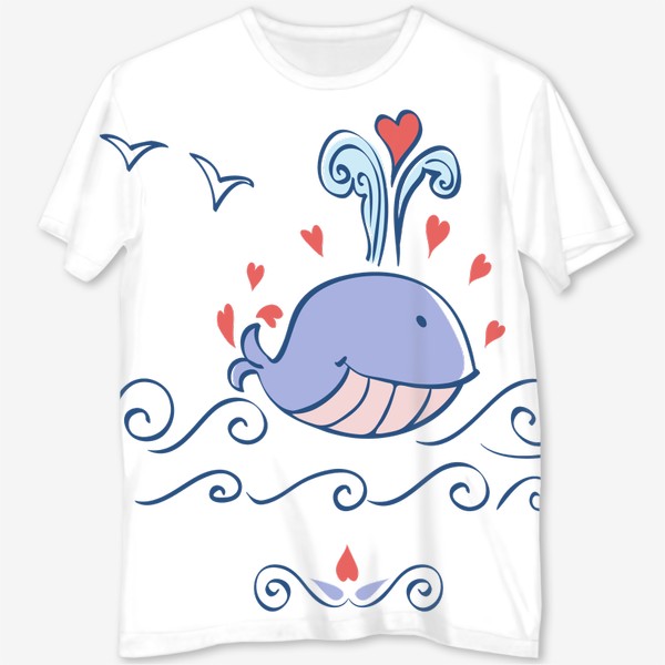 Футболка с полной запечаткой «Веселый кит плывет по волнам и пускает фонтанчики»