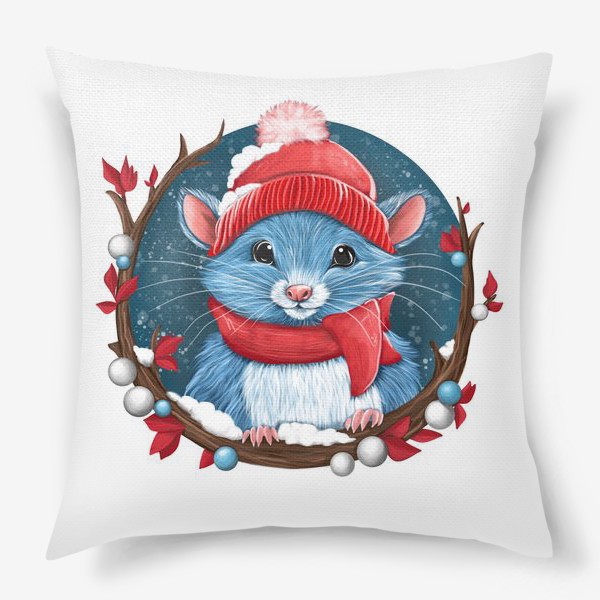 Подушка «Зимняя мышка в красной шапке»