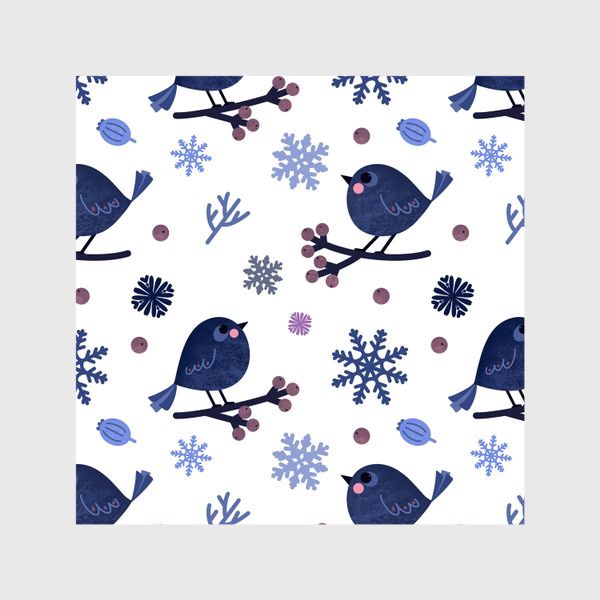 Шторы «Птицы и снежинки Новогодний зимний принт с птицами ягодами и снежинками»