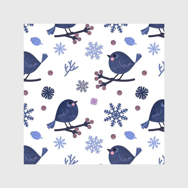 Скатерть «Птицы и снежинки Новогодний зимний принт с птицами ягодами и снежинками»
