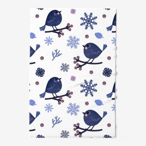 Полотенце «Птицы и снежинки Новогодний зимний принт с птицами ягодами и снежинками»