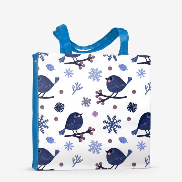 Сумка-шоппер «Птицы и снежинки Новогодний зимний принт с птицами ягодами и снежинками»