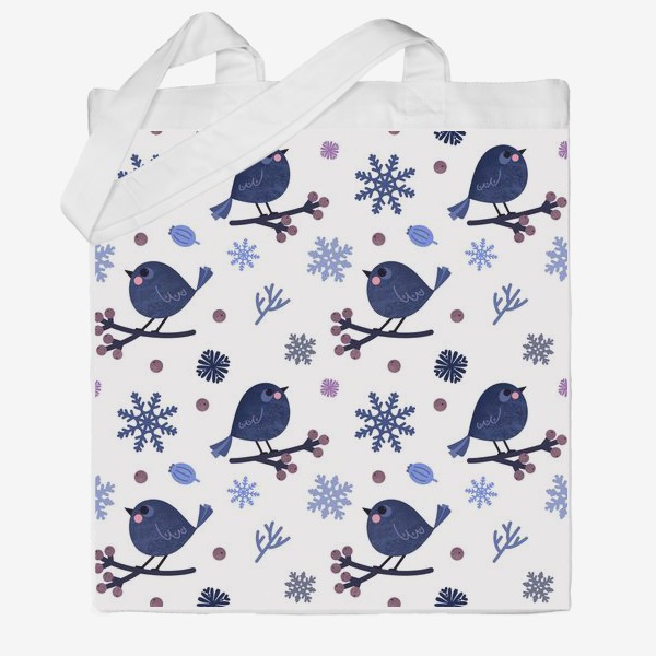 Сумка хб «Птицы и снежинки Новогодний зимний принт с птицами ягодами и снежинками»