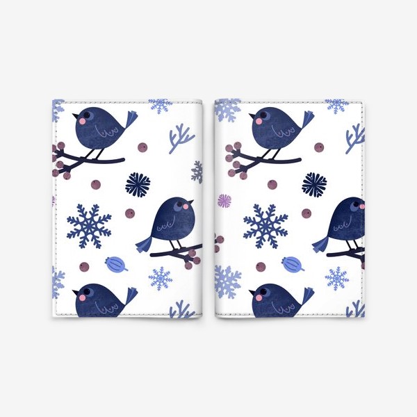 Обложка для паспорта «Птицы и снежинки Новогодний зимний принт с птицами ягодами и снежинками»