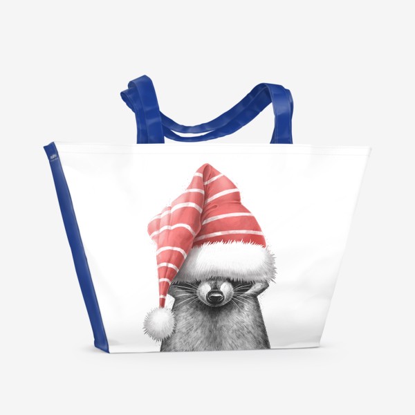 Пляжная сумка «Енот в новогодней шапке»