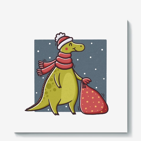 Холст «Милый дракон в шапке и шарфе с мешком подарков. Новый год»