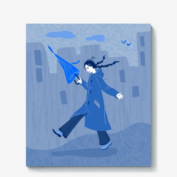 Холст «Девушка с зонтом гуляет по городу»