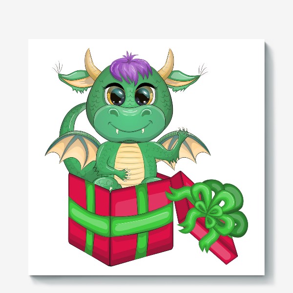 Холст «Дракон-подарок машет из коробки. Год зеленого дракона 2024»