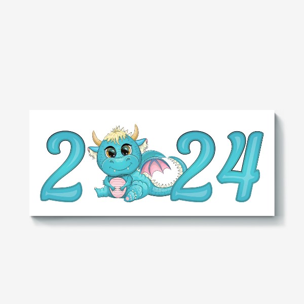 Холст «Голубой дракон в надписи 2024. Год дракона 2024»