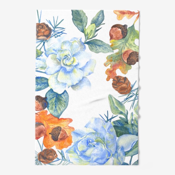 Полотенце «Белые розы, шишки и иголки, жёлуди и осенние листья»