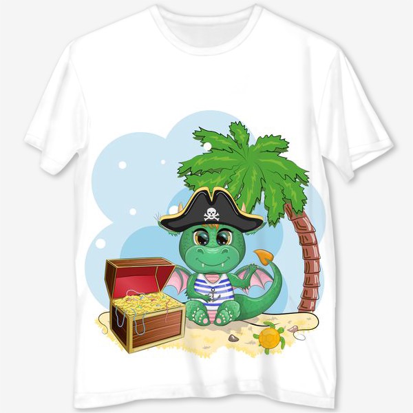 Футболка с полной запечаткой &laquo;Дракон-пират с сундуком сокровищ под пальмой на пляже. Год дракона 2024&raquo;