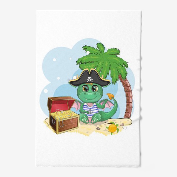 Полотенце «Дракон-пират с сундуком сокровищ под пальмой на пляже. Год дракона 2024»