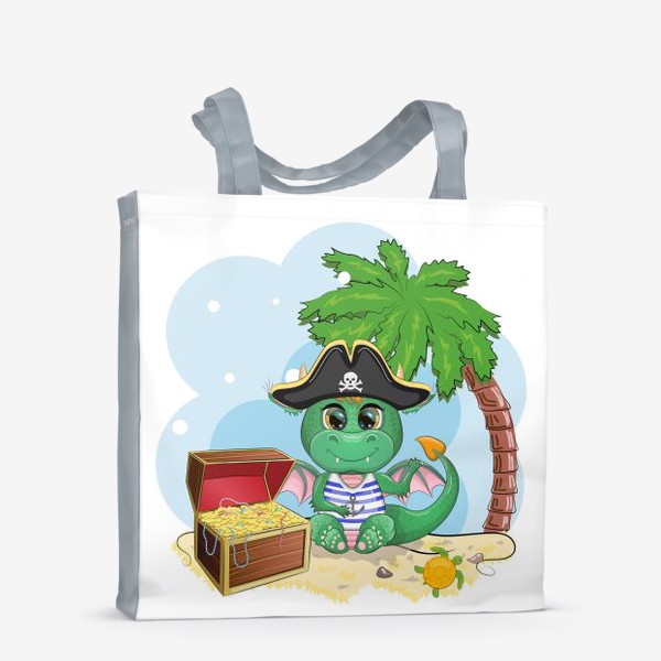 Сумка-шоппер «Дракон-пират с сундуком сокровищ под пальмой на пляже. Год дракона 2024»