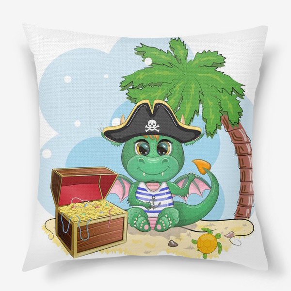 Подушка «Дракон-пират с сундуком сокровищ под пальмой на пляже. Год дракона 2024»