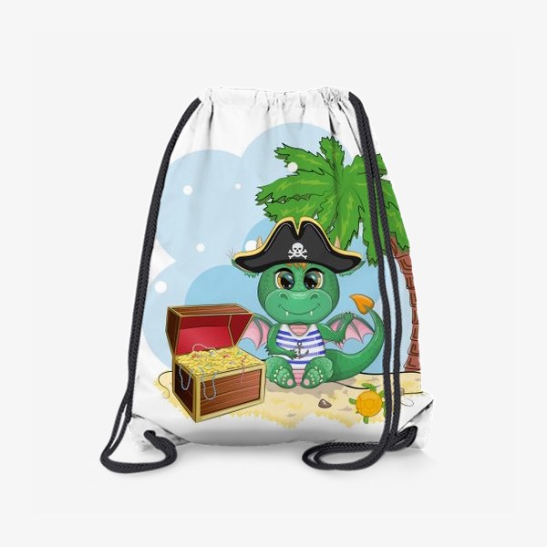 Рюкзак «Дракон-пират с сундуком сокровищ под пальмой на пляже. Год дракона 2024»
