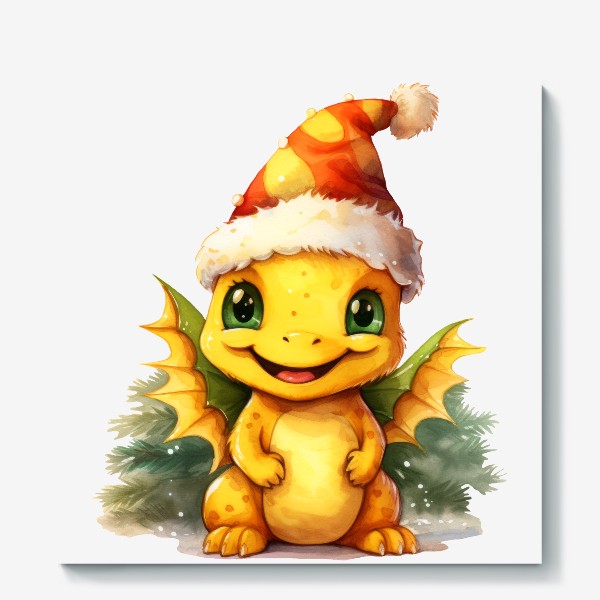 Холст «Новогодний акварельный принт дракона в шапке »