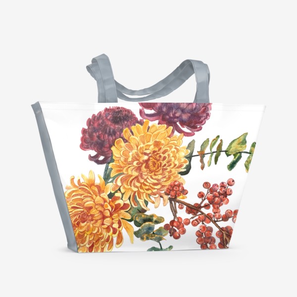 Пляжная сумка «Осенний букет хризантемы, эвкалипт цинерея и ягоды»