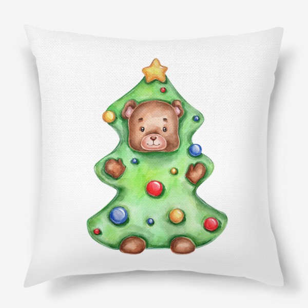 Подушка «Акварельный мишка в костюме новогодней елки :)»