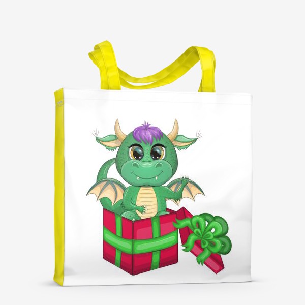 Сумка-шоппер «Дракон-подарок машет из коробки. Год зеленого дракона 2024»