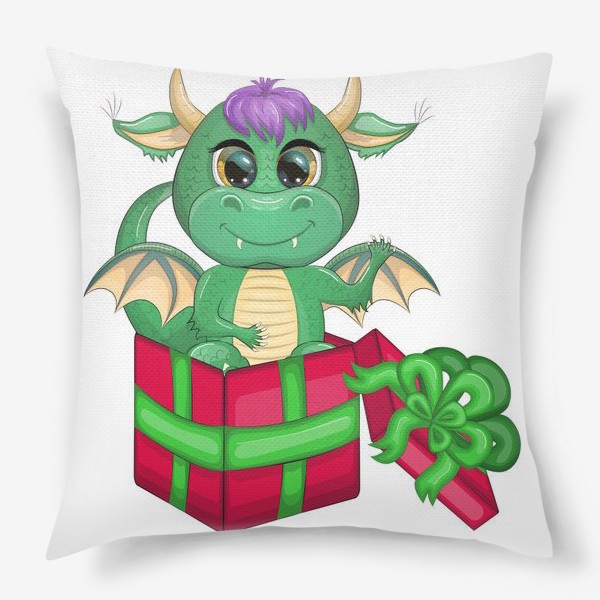 Подушка «Дракон-подарок машет из коробки. Год зеленого дракона 2024»