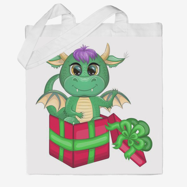 Сумка хб «Дракон-подарок машет из коробки. Год зеленого дракона 2024»