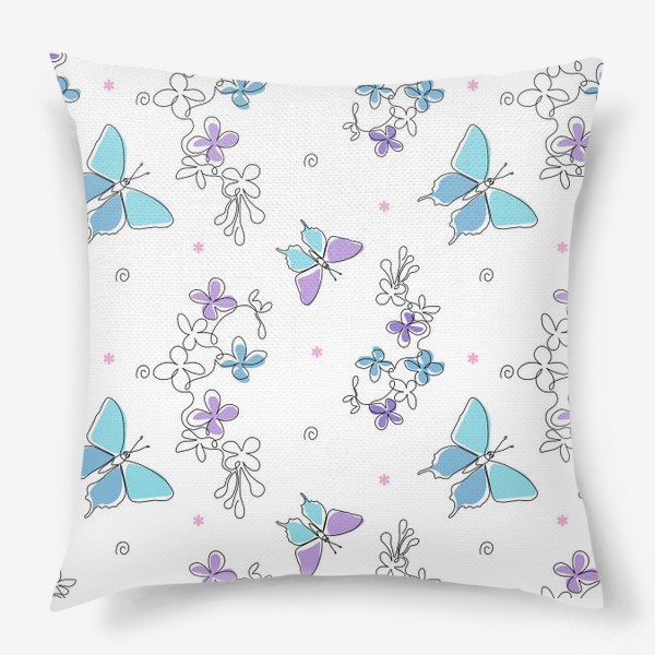Подушка «голубой паттерн с бабочками и цветами»