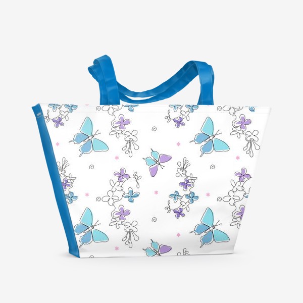 Пляжная сумка «голубой паттерн с бабочками и цветами»