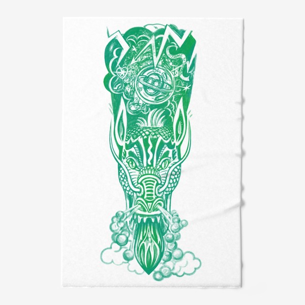 Полотенце «Огнедышащий дракон в зелёном цвете с дымом и молниями»