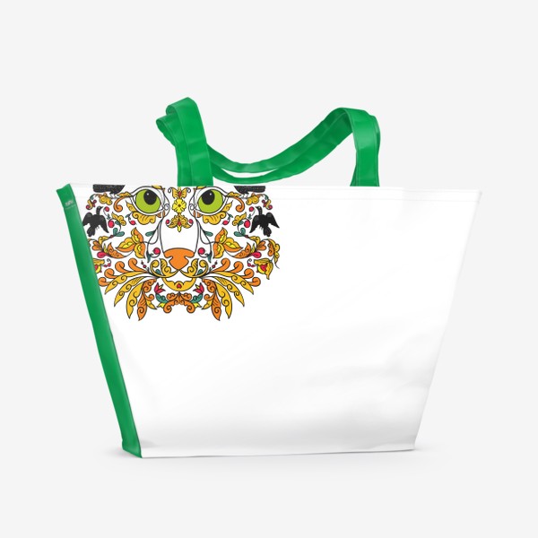 Пляжная сумка «Рысь в узорах: листьях, цветах, птицах. Камуфляж.»