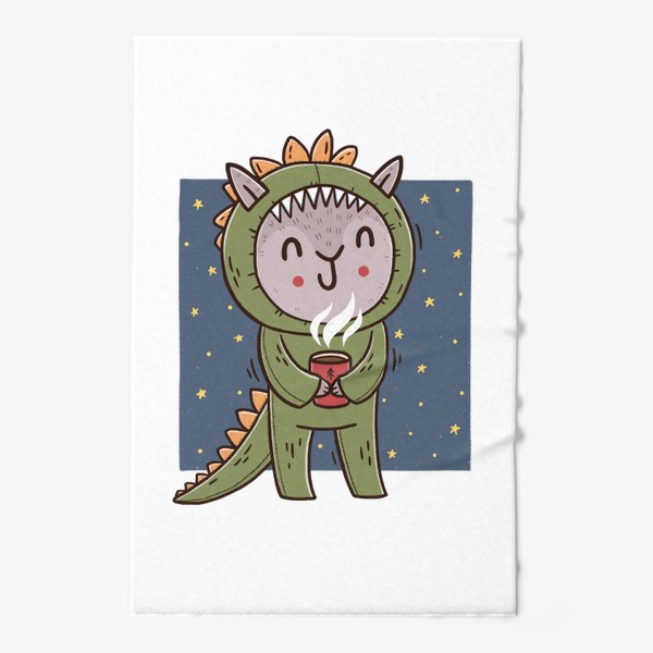 Полотенце &laquo;Милый кот в костюме дракона. Кружка чая, кофе, какао. Новый год&raquo;