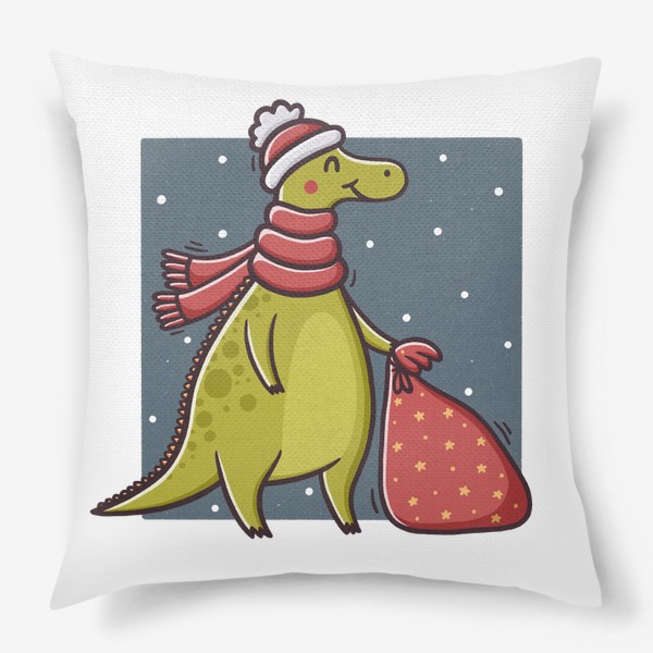 Подушка «Милый дракон в шапке и шарфе с мешком подарков. Новый год»