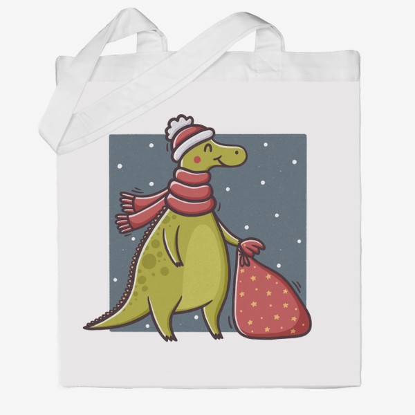 Сумка хб «Милый дракон в шапке и шарфе с мешком подарков. Новый год»
